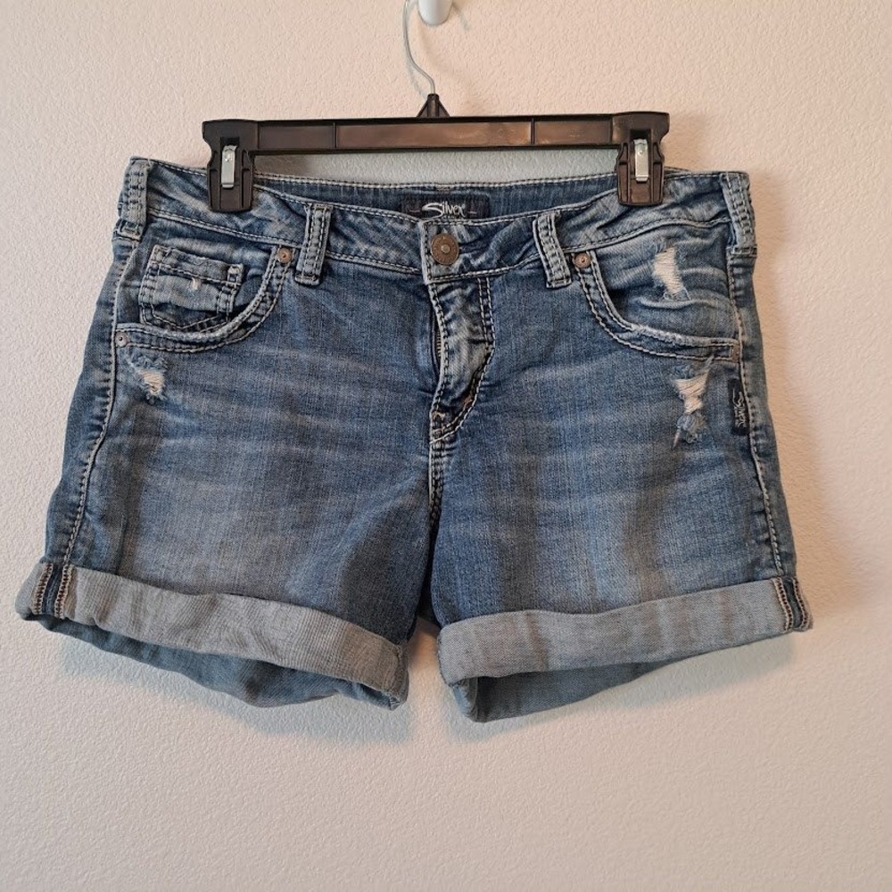Silver Jeans Co Sam Mid Rise Distressed Denim Shorts Medium Wash W29 L4.5